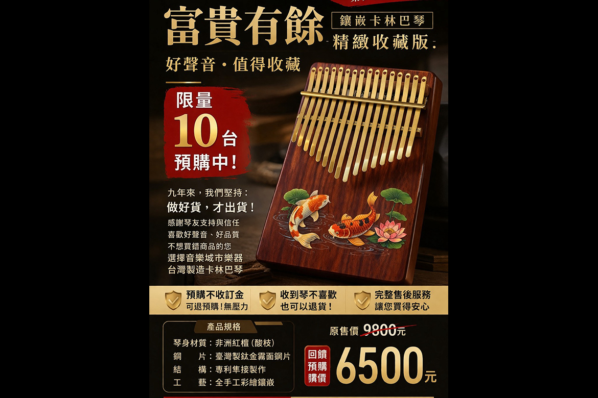 Read more about the article 限量 10 台｜富貴有餘 鑲嵌卡林巴琴 精緻收藏版